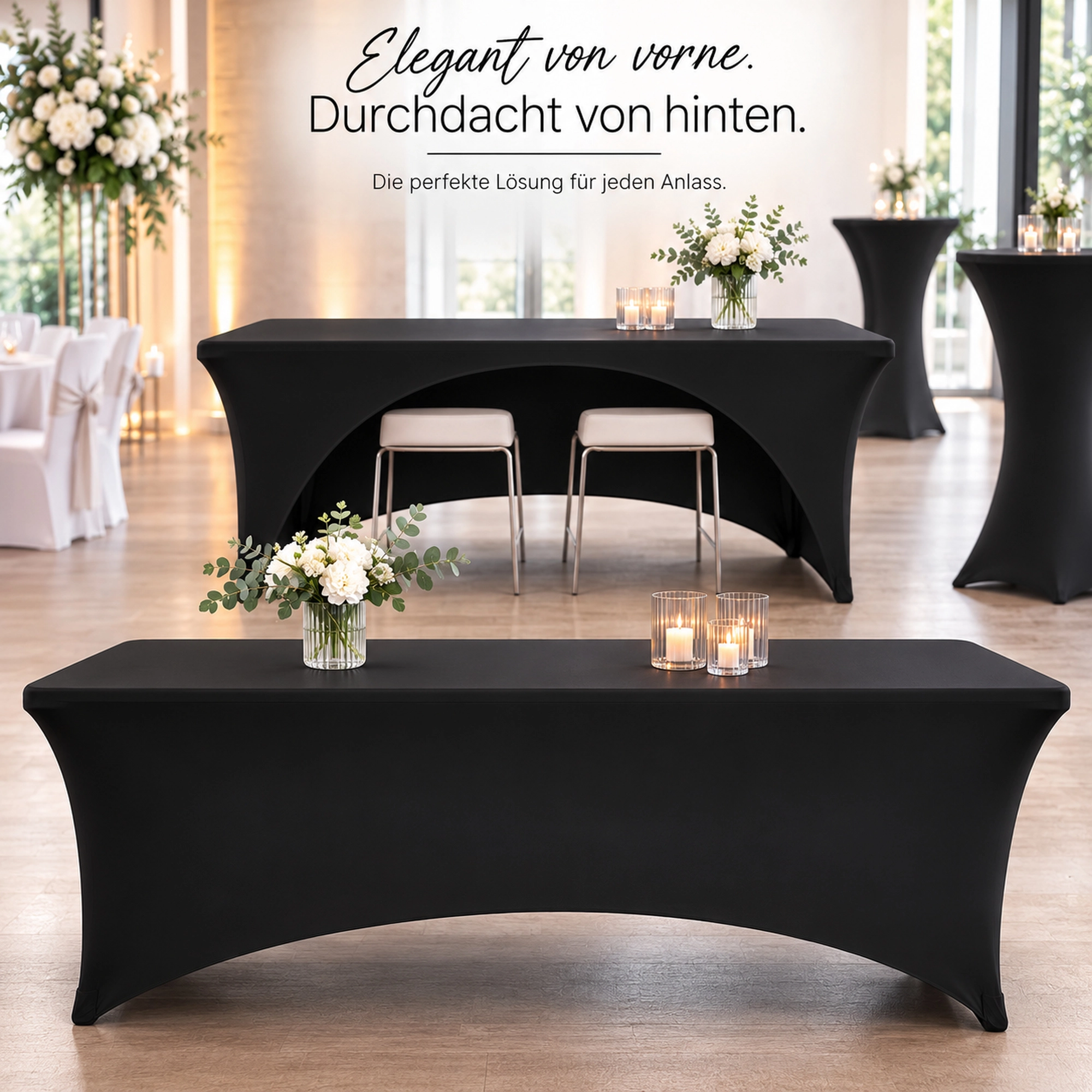 TexDeko Stretch Bankettischhusse 180 × 80 × 74 cm – Tischhusse mit offener Rückseite, Beinfreiheit & Stauraumzugang – für Banketttisch, Messe, Event & Catering Schwarz TexDeko Stretch Bankettischhusse 180 × 80 × 74 cm – Tischhusse mit offener Rückseite, Beinfreiheit & Stauraumzugang – für Banketttisch, Messe, Event & Catering Schwarz