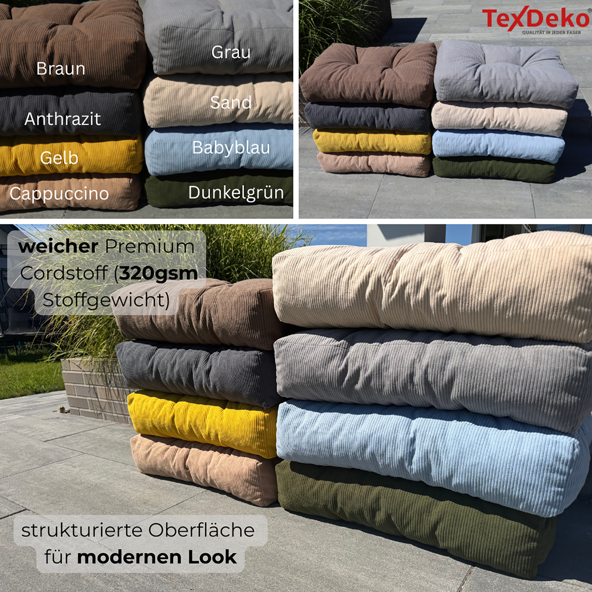 TexDeko Garden Cord Palettenkissen aus weichem Cordstoff